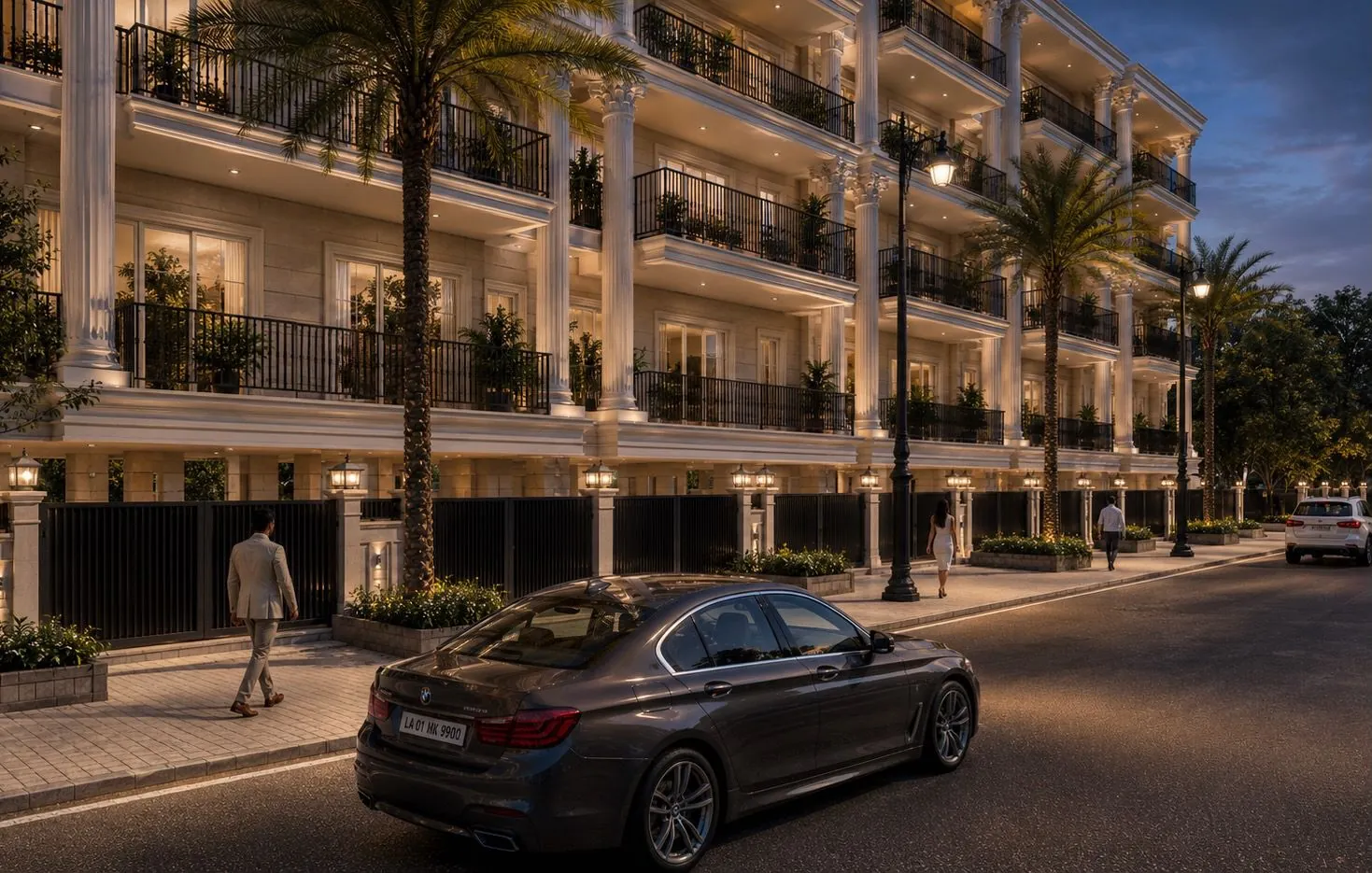 Illuminated 4 BHK facade at night — Riverside City Haridwar